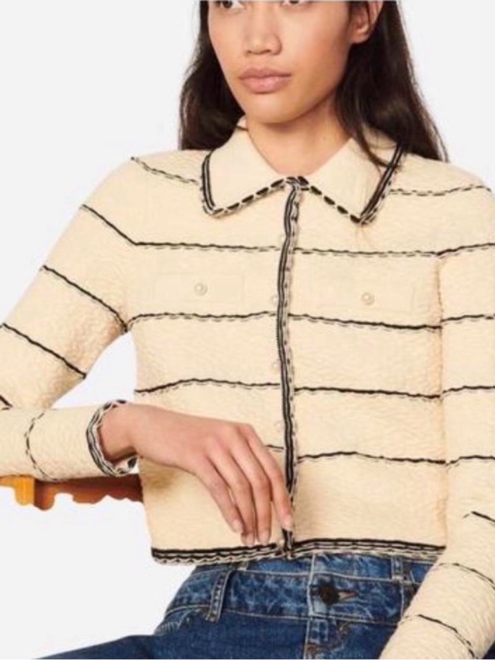 Sandro Cream Cropped Striped Jacket with Black Trim